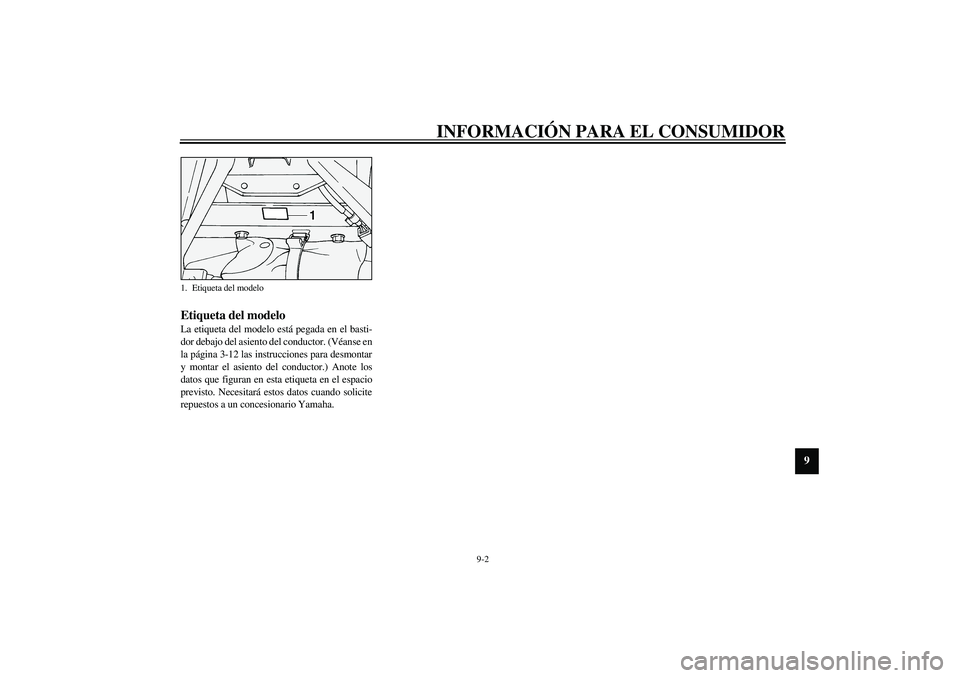 YAMAHA XV1600A 2002  Manuale de Empleo (in Spanish) INFORMACIÓN PARA EL CONSUMIDOR
9-2
9
SAU01804
Etiqueta del modelo La etiqueta del modelo está pegada en el basti-
dor debajo del asiento del conductor. (Véanse en
la página 3-12 las instrucciones 