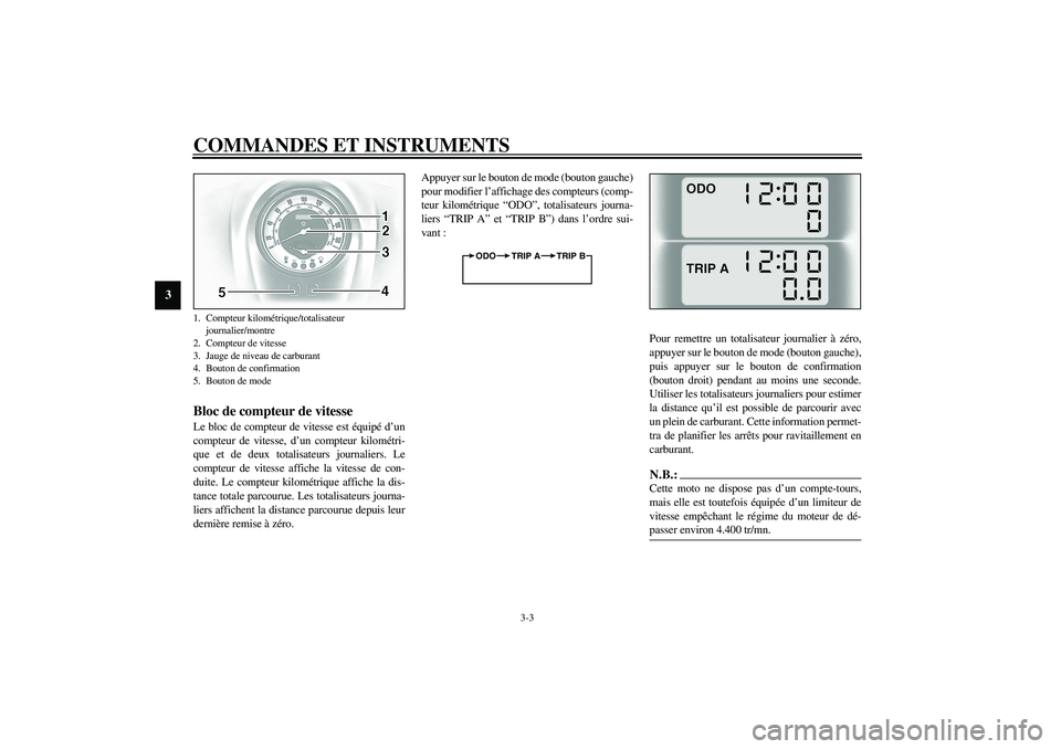 YAMAHA XV1600A 2002 Notices Demploi (in French) COMMANDES ET INSTRUMENTS
3-3
3
FAU03393
Bloc de compteur de vitesse Le bloc de compteur de vitesse est équipé d’un
compteur de vitesse, d’un compteur kilométri-
que et de deux totalisateurs jou YAMAHA XV1600A 2002 Notices Demploi (in French) COMMANDES ET INSTRUMENTS
3-3
3
FAU03393
Bloc de compteur de vitesse Le bloc de compteur de vitesse est équipé d’un
compteur de vitesse, d’un compteur kilométri-
que et de deux totalisateurs jou