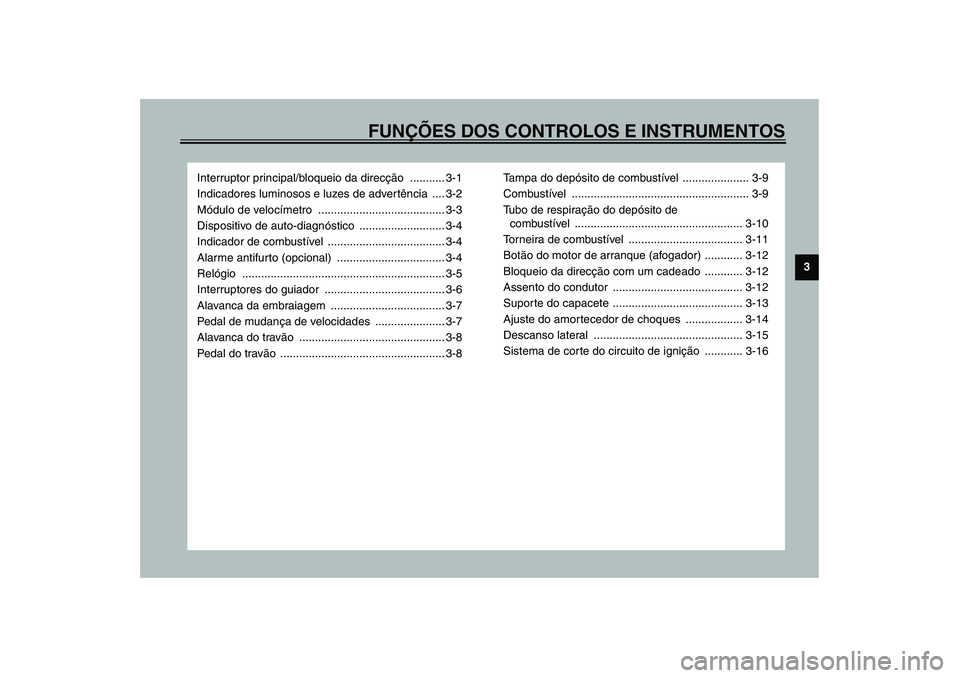 YAMAHA XV1600A 2002 Manual de utilização (in Portuguese) FUNÇÕES DOS CONTROLOS E INSTRUMENTOS
3
Interruptor principal/bloqueio da direcção ........... 3-1
Indicadores luminosos e luzes de advertência .... 3-2
Módulo de velocímetro ................... YAMAHA XV1600A 2002 Manual de utilização (in Portuguese) FUNÇÕES DOS CONTROLOS E INSTRUMENTOS
3
Interruptor principal/bloqueio da direcção ........... 3-1
Indicadores luminosos e luzes de advertência .... 3-2
Módulo de velocímetro ...................