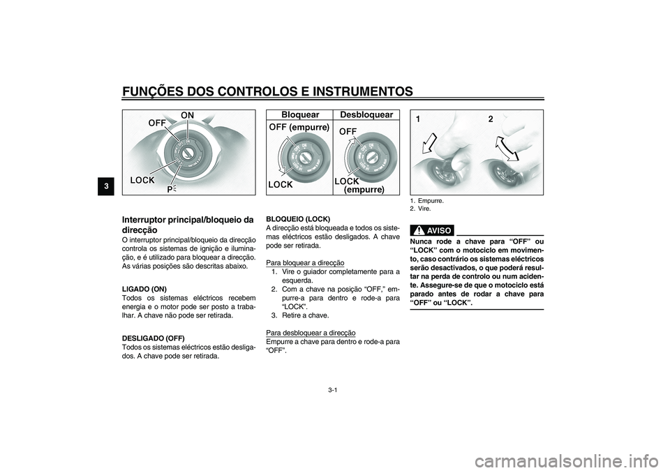 YAMAHA XV1600A 2002 Manual de utilização (in Portuguese) 3-1
3
PAU00027
3-FUNÇÕES DOS CONTROLOS E INSTRUMENTOS
PAU00029
Interruptor principal/bloqueio da
direcção O interruptor principal/bloqueio da direcção
controla os sistemas de ignição e ilumin YAMAHA XV1600A 2002 Manual de utilização (in Portuguese) 3-1
3
PAU00027
3-FUNÇÕES DOS CONTROLOS E INSTRUMENTOS
PAU00029
Interruptor principal/bloqueio da
direcção O interruptor principal/bloqueio da direcção
controla os sistemas de ignição e ilumin