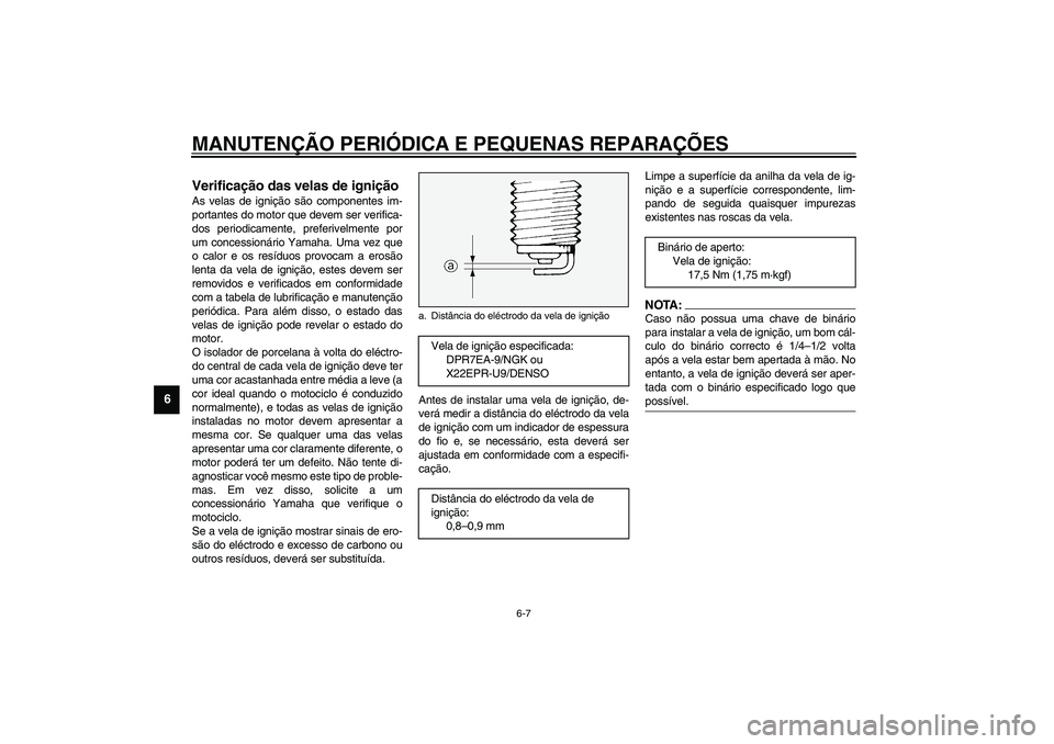 YAMAHA XV1600A 2002 Manual de utilização (in Portuguese) MANUTENÇÃO PERIÓDICA E PEQUENAS REPARAÇÕES
6-7
6
PAU01639
Verificação das velas de ignição As velas de ignição são componentes im-
portantes do motor que devem ser verifica-
dos periodicam YAMAHA XV1600A 2002 Manual de utilização (in Portuguese) MANUTENÇÃO PERIÓDICA E PEQUENAS REPARAÇÕES
6-7
6
PAU01639
Verificação das velas de ignição As velas de ignição são componentes im-
portantes do motor que devem ser verifica-
dos periodicam