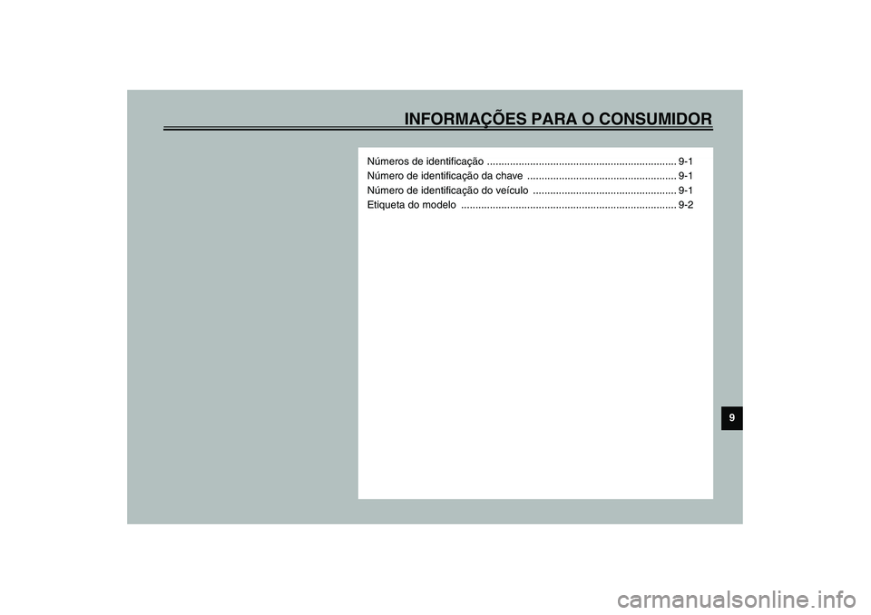 YAMAHA XV1600A 2002  Manual de utilização (in Portuguese) INFORMAÇÕES PARA O CONSUMIDOR
9
Números de identificação .................................................................. 9-1
Número de identificação da chave  ..............................