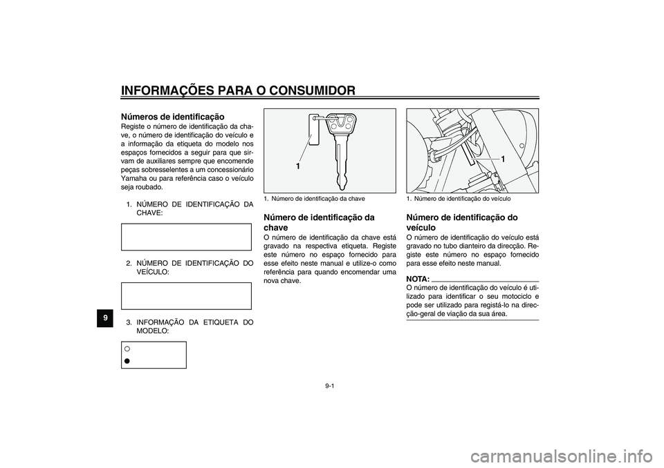 YAMAHA XV1600A 2002 Manual de utilização (in Portuguese) 9-1
9
PAU01039
9-INFORMAÇÕES PARA O CONSUMIDOR
PAU02944
Números de identificação Registe o número de identificação da cha-
ve, o número de identificação do veículo e
a informação da etiq YAMAHA XV1600A 2002 Manual de utilização (in Portuguese) 9-1
9
PAU01039
9-INFORMAÇÕES PARA O CONSUMIDOR
PAU02944
Números de identificação Registe o número de identificação da cha-
ve, o número de identificação do veículo e
a informação da etiq