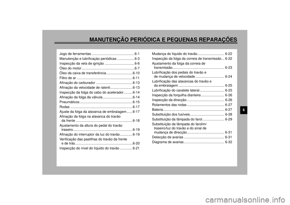 YAMAHA XV1600A 2000 Manual de utilização (in Portuguese) MANUTENÇÃO PERIÓDICA E PEQUENAS REPARAÇÕES
6
Jogo de ferramentas ............................................. 6-1
Manutenção e lubrificaçáo periódicas .................. 6-3
Inspecção da YAMAHA XV1600A 2000 Manual de utilização (in Portuguese) MANUTENÇÃO PERIÓDICA E PEQUENAS REPARAÇÕES
6
Jogo de ferramentas ............................................. 6-1
Manutenção e lubrificaçáo periódicas .................. 6-3
Inspecção da