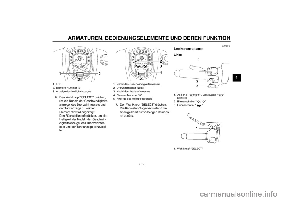 YAMAHA XV1900A 2013  Betriebsanleitungen (in German) ARMATUREN, BEDIENUNGSELEMENTE UND DEREN FUNKTION
3-10
3
6. Den Wahlknopf “SELECT” drücken, um die Nadeln der Geschwindigkeits-
anzeige, des Drehzahlmessers und 
der Tankanzeige zu wählen.
Elemen