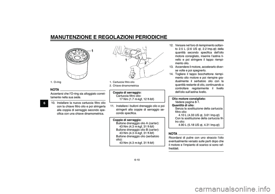 YAMAHA XV1900A 2009 Manuale duso (in Italian) MANUTENZIONE E REGOLAZIONI PERIODICHE
6-10
6
NOTA
Accertarsi che l’O-ring sia alloggiato corret-tamente nella sua sede.
10. Installare la nuova cartuccia filtro olio
con la chiave filtro olio e poi YAMAHA XV1900A 2009 Manuale duso (in Italian) MANUTENZIONE E REGOLAZIONI PERIODICHE
6-10
6
NOTA
Accertarsi che l’O-ring sia alloggiato corret-tamente nella sua sede.
10. Installare la nuova cartuccia filtro olio
con la chiave filtro olio e poi