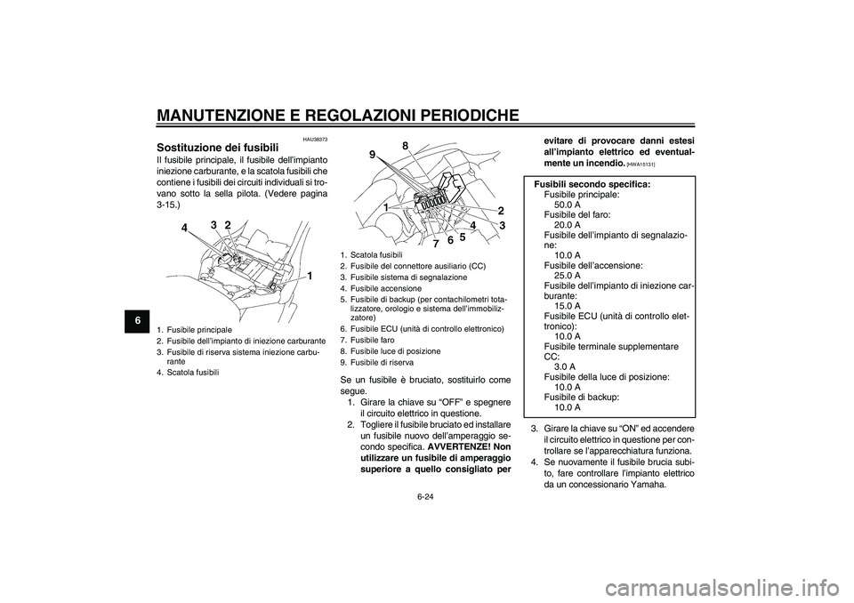 YAMAHA XV1900A 2009 Manuale duso (in Italian) MANUTENZIONE E REGOLAZIONI PERIODICHE
6-24
6
HAU38373
Sostituzione dei fusibili Il fusibile principale, il fusibile dell’impianto
iniezione carburante, e la scatola fusibili che
contiene i fusibili YAMAHA XV1900A 2009 Manuale duso (in Italian) MANUTENZIONE E REGOLAZIONI PERIODICHE
6-24
6
HAU38373
Sostituzione dei fusibili Il fusibile principale, il fusibile dell’impianto
iniezione carburante, e la scatola fusibili che
contiene i fusibili