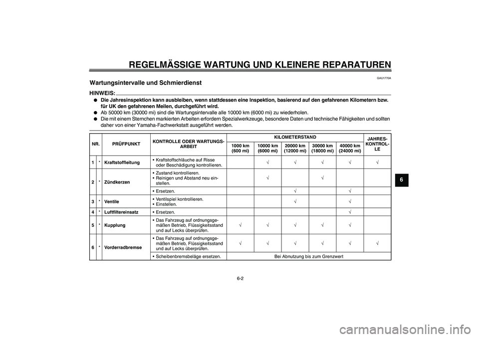 YAMAHA XV1900A 2008 Betriebsanleitungen (in German) REGELMÄSSIGE WARTUNG UND KLEINERE REPARATUREN
6-2
6
GAU1770A
Wartungsintervalle und Schmierdienst HINWEIS:
Die Jahresinspektion kann ausbleiben, wenn stattdessen eine Inspektion, basierend auf den g YAMAHA XV1900A 2008 Betriebsanleitungen (in German) REGELMÄSSIGE WARTUNG UND KLEINERE REPARATUREN
6-2
6
GAU1770A
Wartungsintervalle und Schmierdienst HINWEIS:
Die Jahresinspektion kann ausbleiben, wenn stattdessen eine Inspektion, basierend auf den g