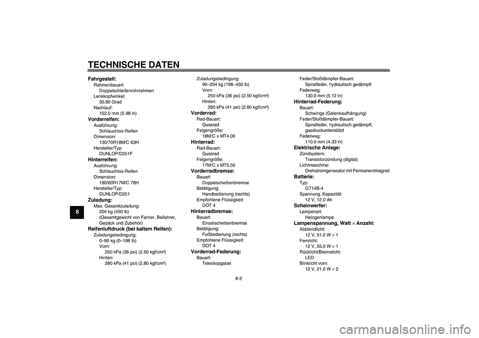 YAMAHA XV1900A 2008 Betriebsanleitungen (in German) TECHNISCHE DATEN
8-2
8
Fahrgestell:Rahmenbauart:
Doppelschleifenrohrrahmen
Lenkkopfwinkel:
30.90 Grad
Nachlauf:
152.0 mm (5.98 in)Vorderreifen:Ausführung:
Schlauchlos-Reifen
Dimension:
130/70R18M/C 6 YAMAHA XV1900A 2008 Betriebsanleitungen (in German) TECHNISCHE DATEN
8-2
8
Fahrgestell:Rahmenbauart:
Doppelschleifenrohrrahmen
Lenkkopfwinkel:
30.90 Grad
Nachlauf:
152.0 mm (5.98 in)Vorderreifen:Ausführung:
Schlauchlos-Reifen
Dimension:
130/70R18M/C 6