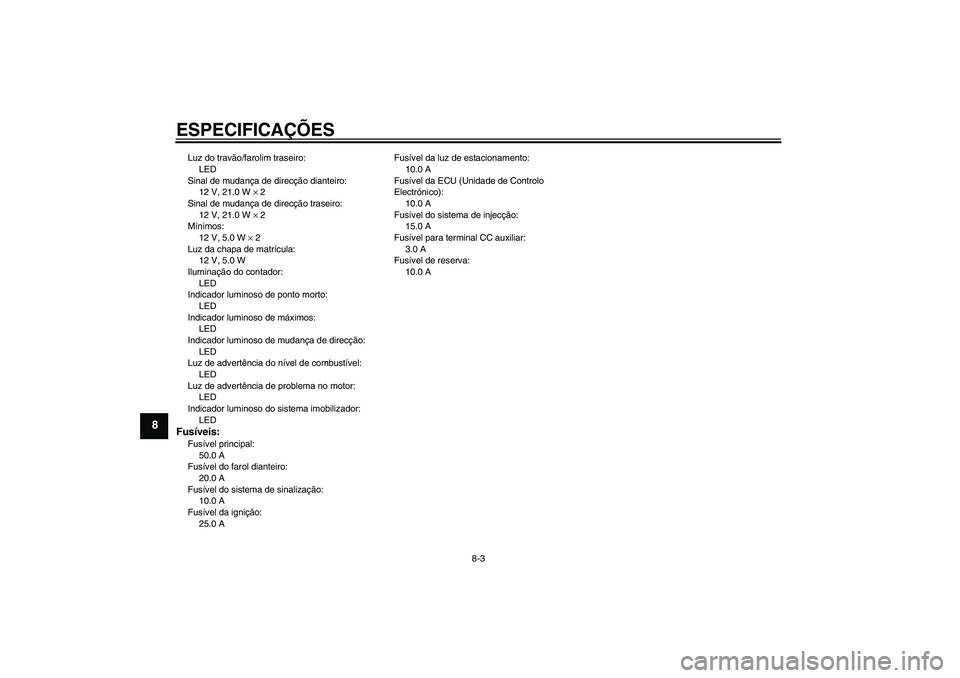 YAMAHA XV1900A 2008  Manual de utilização (in Portuguese) ESPECIFICAÇÕES
8-3
8
Luz do travão/farolim traseiro:
LED
Sinal de mudança de direcção dianteiro:
12 V, 21.0 W × 2
Sinal de mudança de direcção traseiro:
12 V, 21.0 W × 2
Mínimos:
12 V, 5.0