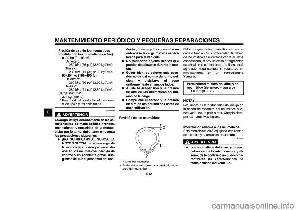 YAMAHA XV1900A 2007 Manuale de Empleo (in Spanish) MANTENIMIENTO PERIÓDICO Y PEQUEÑAS REPARACIONES
6-12
6
ADVERTENCIA
SWA11020
La carga influye enormemente en las ca-
racterísticas de manejabilidad, frenada,
prestaciones y seguridad de la motoci-
c YAMAHA XV1900A 2007 Manuale de Empleo (in Spanish) MANTENIMIENTO PERIÓDICO Y PEQUEÑAS REPARACIONES
6-12
6
ADVERTENCIA
SWA11020
La carga influye enormemente en las ca-
racterísticas de manejabilidad, frenada,
prestaciones y seguridad de la motoci-
c