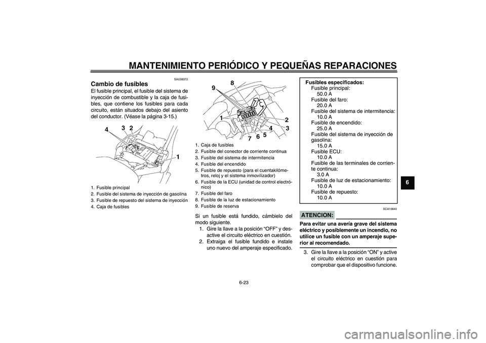 YAMAHA XV1900A 2007 Manuale de Empleo (in Spanish) MANTENIMIENTO PERIÓDICO Y PEQUEÑAS REPARACIONES
6-23
6
SAU38372
Cambio de fusibles El fusible principal, el fusible del sistema de
inyección de combustible y la caja de fusi-
bles, que contiene los YAMAHA XV1900A 2007 Manuale de Empleo (in Spanish) MANTENIMIENTO PERIÓDICO Y PEQUEÑAS REPARACIONES
6-23
6
SAU38372
Cambio de fusibles El fusible principal, el fusible del sistema de
inyección de combustible y la caja de fusi-
bles, que contiene los