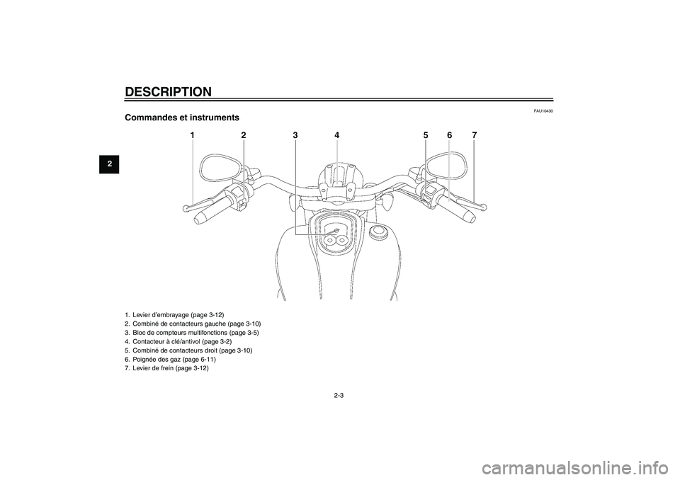 YAMAHA XV1900A 2007  Notices Demploi (in French) DESCRIPTION
2-3
2
FAU10430
Commandes et instruments1. Levier d’embrayage (page 3-12)
2. Combiné de contacteurs gauche (page 3-10)
3. Bloc de compteurs multifonctions (page 3-5)
4. Contacteur à cl