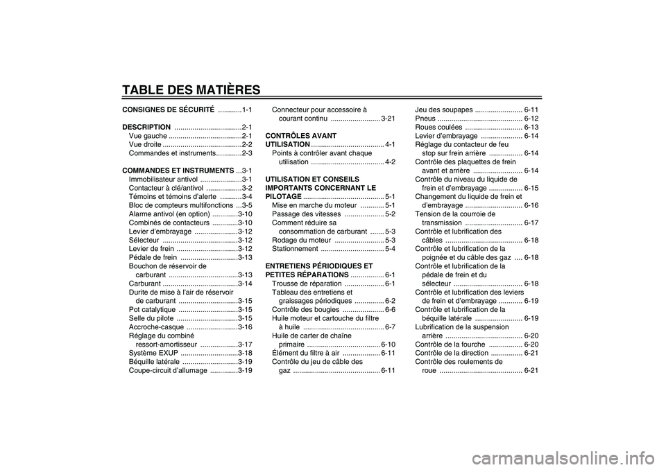 YAMAHA XV1900A 2007 Notices Demploi (in French) TABLE DES MATIÈRESCONSIGNES DE SÉCURITÉ ............1-1
DESCRIPTION ..................................2-1
Vue gauche .....................................2-1
Vue droite ............................ YAMAHA XV1900A 2007 Notices Demploi (in French) TABLE DES MATIÈRESCONSIGNES DE SÉCURITÉ ............1-1
DESCRIPTION ..................................2-1
Vue gauche .....................................2-1
Vue droite ............................