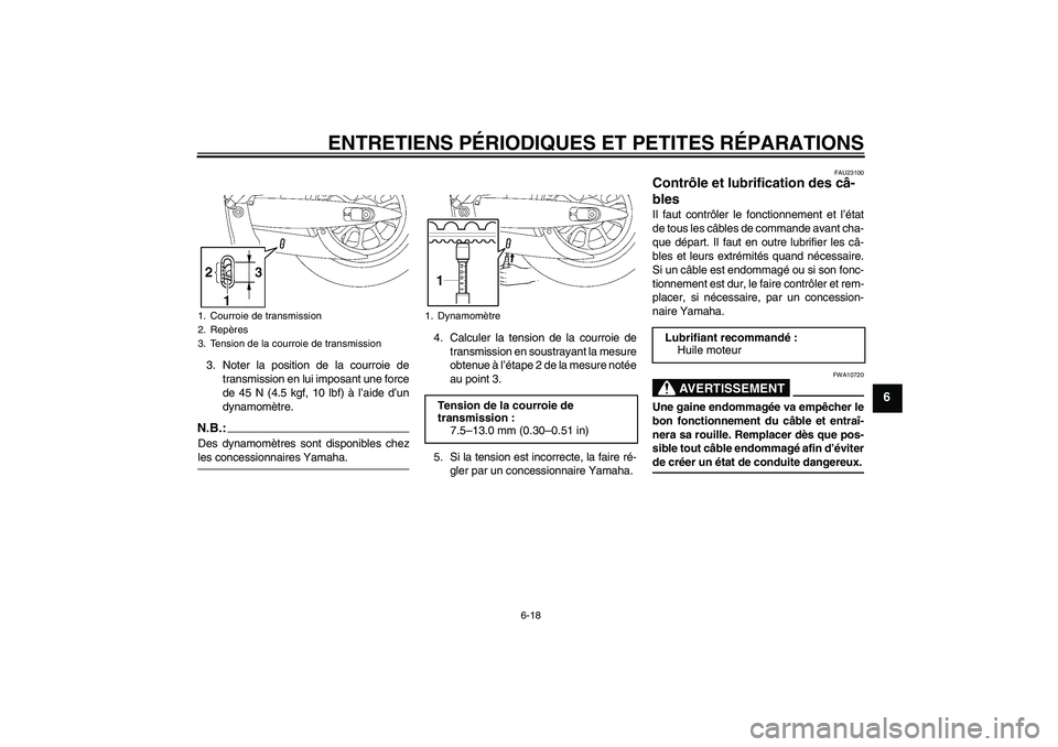 YAMAHA XV1900A 2006  Notices Demploi (in French) ENTRETIENS PÉRIODIQUES ET PETITES RÉPARATIONS
6-18
6
3. Noter la position de la courroie de
transmission en lui imposant une force
de 45 N (4.5 kgf, 10 lbf) à l’aide d’un
dynamomètre.N.B.:Des 
