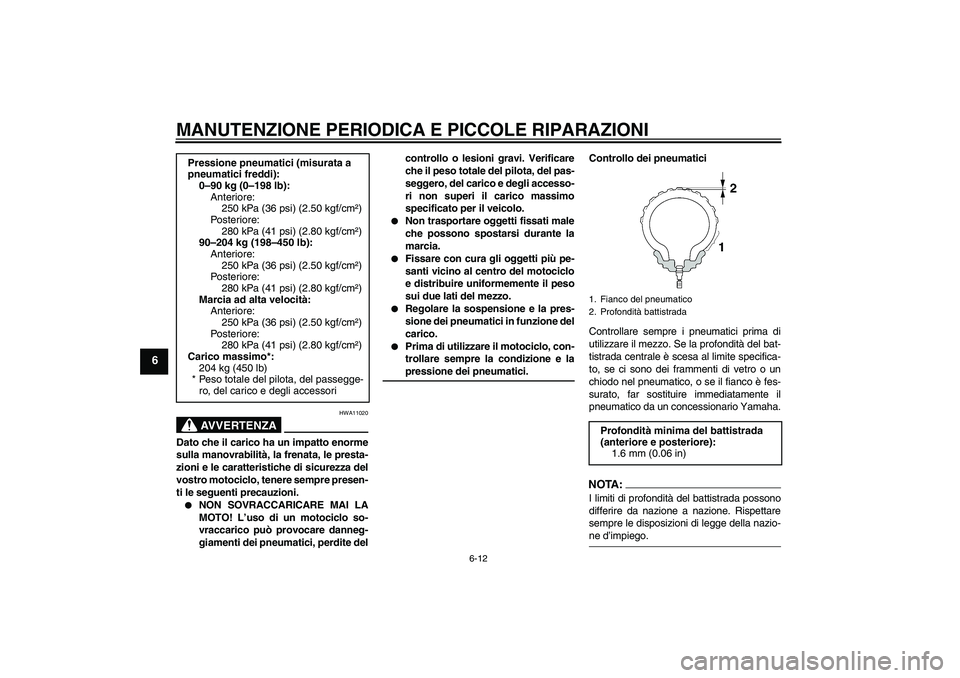 YAMAHA XV1900A 2006 Manuale duso (in Italian) MANUTENZIONE PERIODICA E PICCOLE RIPARAZIONI
6-12
6
AVVERTENZA
HWA11020
Dato che il carico ha un impatto enorme
sulla manovrabilità, la frenata, le presta-
zioni e le caratteristiche di sicurezza del YAMAHA XV1900A 2006 Manuale duso (in Italian) MANUTENZIONE PERIODICA E PICCOLE RIPARAZIONI
6-12
6
AVVERTENZA
HWA11020
Dato che il carico ha un impatto enorme
sulla manovrabilità, la frenata, le presta-
zioni e le caratteristiche di sicurezza del