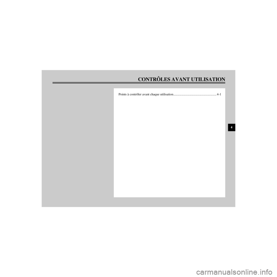 YAMAHA XV535 2000  Notices Demploi (in French) R
CONTRïLES AVANT UTILISATION
/Net/layout8/ForUsers_2/mac_user/Kayo/AA9150_XV535-F6/French/F-4TOC.frame
Points ˆ contr™ler avant chaque utilisation ................................................