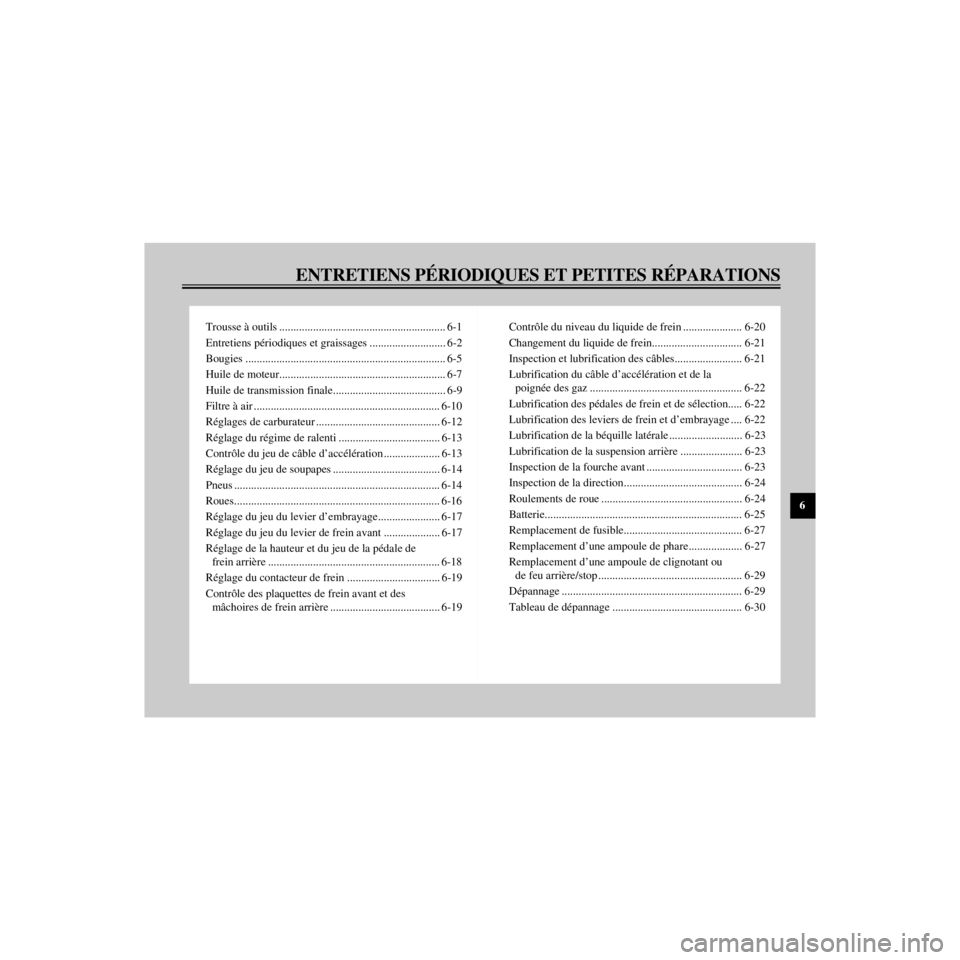 YAMAHA XV535 2000  Notices Demploi (in French) R
ENTRETIENS PƒRIODIQUES ET PETITES RƒPARATIONS
/Net/layout8/ForUsers_2/mac_user/Kayo/AA9150_XV535-F6/French/F-6TOC.frame
Trousse ˆ outils ..........................................................