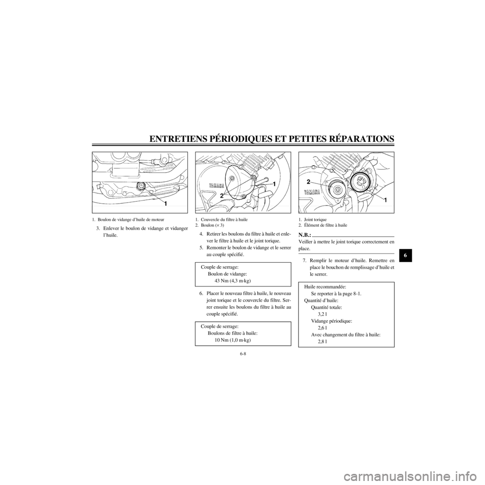 YAMAHA XV535 2000  Notices Demploi (in French) R
6-8
ENTRETIENS PƒRIODIQUES ET PETITES RƒPARATIONS
/Net/layout8/ForUsers_2/mac_user/Kayo/AA9150_XV535-F6/French/F-6.frame
1. Boulon de vidange dÕhuile de moteur
3. Enlever le boulon de vidange et 