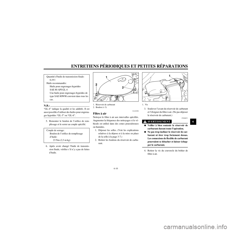 YAMAHA XV535 2000  Notices Demploi (in French) R
6-10
ENTRETIENS PƒRIODIQUES ET PETITES RƒPARATIONS
/Net/layout8/ForUsers_2/mac_user/Kayo/AA9150_XV535-F6/French/F-6.frame
N.B.:
ÒGL-4Ó indique la qualitŽ et les additifs. Il est
aussi possible 