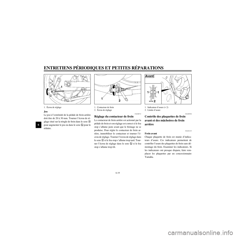 YAMAHA XV535 2000  Notices Demploi (in French) L
6-19
ENTRETIENS PƒRIODIQUES ET PETITES RƒPARATIONS
/Net/layout8/ForUsers_2/mac_user/Kayo/AA9150_XV535-F6/French/F-6.frame
1. ƒcrou de rŽglage
Jeu


glage situŽ sur la tringle de frein dans le s