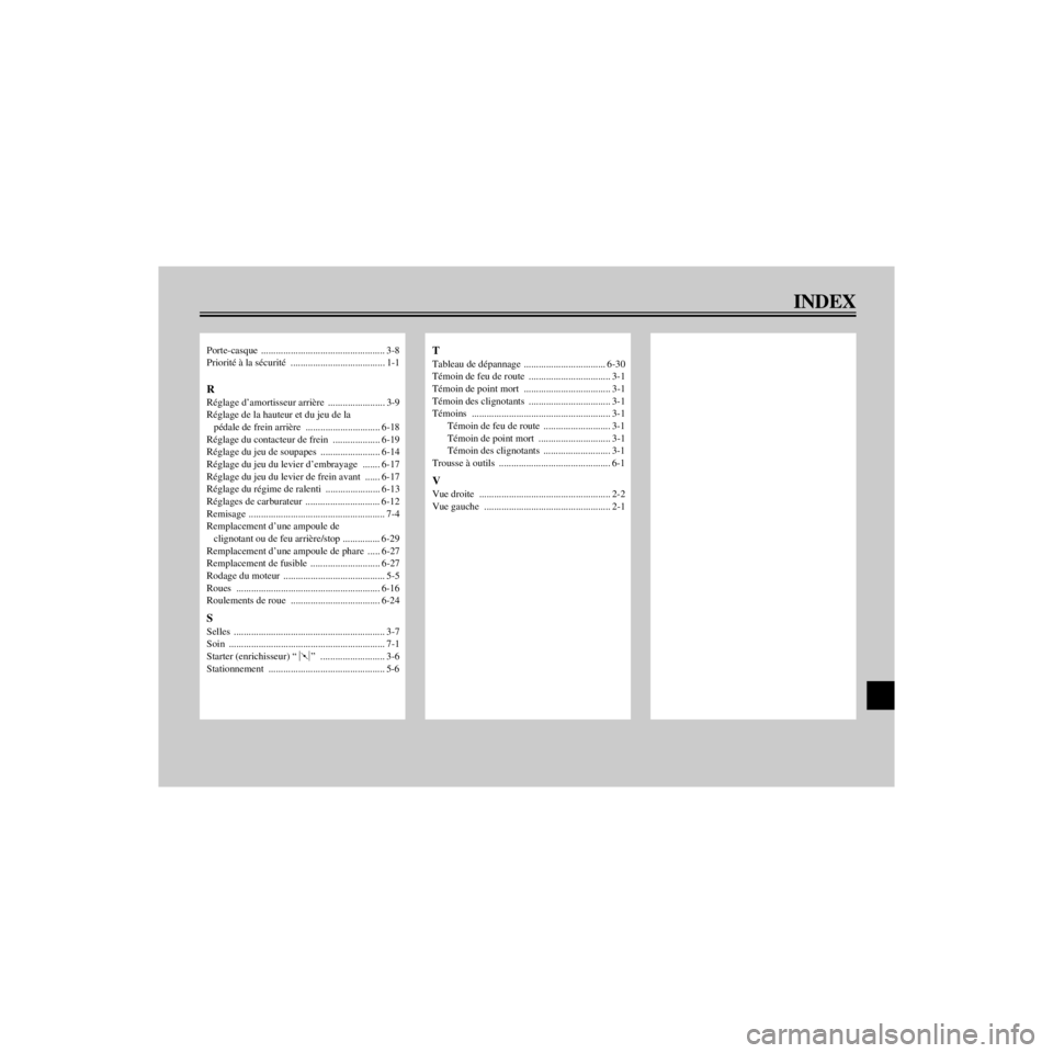 YAMAHA XV535 2000  Notices Demploi (in French) R
INDEX
/Net/layout8/ForUsers_2/mac_user/Kayo/AA9150_XV535-F6/French/FFIX.frame
Porte-casque .................................................. 3-8
PrioritŽ ˆ la sŽcuritŽ  ........................