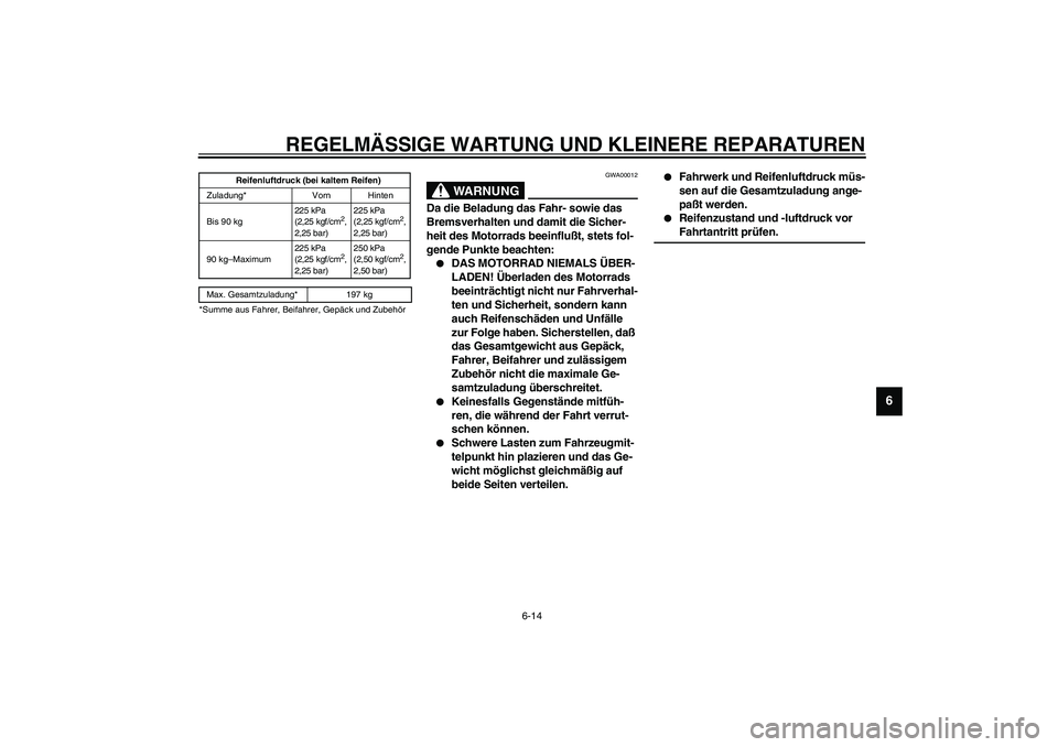 YAMAHA XVS1100A 2003 Betriebsanleitungen (in German) REGELMÄSSIGE WARTUNG UND KLEINERE REPARATUREN
6-14
6
CE-21G
CE-07GGWA00012
WARNUNG
_ Da die Beladung das Fahr- sowie das
Bremsverhalten und damit die Sicher-
heit des Motorrads beeinflußt, stets fo YAMAHA XVS1100A 2003 Betriebsanleitungen (in German) REGELMÄSSIGE WARTUNG UND KLEINERE REPARATUREN
6-14
6
CE-21G
CE-07GGWA00012
WARNUNG
_ Da die Beladung das Fahr- sowie das
Bremsverhalten und damit die Sicher-
heit des Motorrads beeinflußt, stets fo