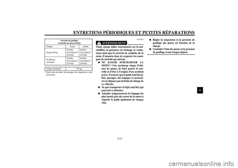 YAMAHA XVS1100A 2003  Notices Demploi (in French) ENTRETIENS PÉRIODIQUES ET PETITES RÉPARATIONS
6-14
6
CE-21F
CE-07FFWA00012
AVERTISSEMENT
_ Toute charge influe énormément sur la ma-
niabilité, la puissance de freinage, le rende-
ment ainsi que 