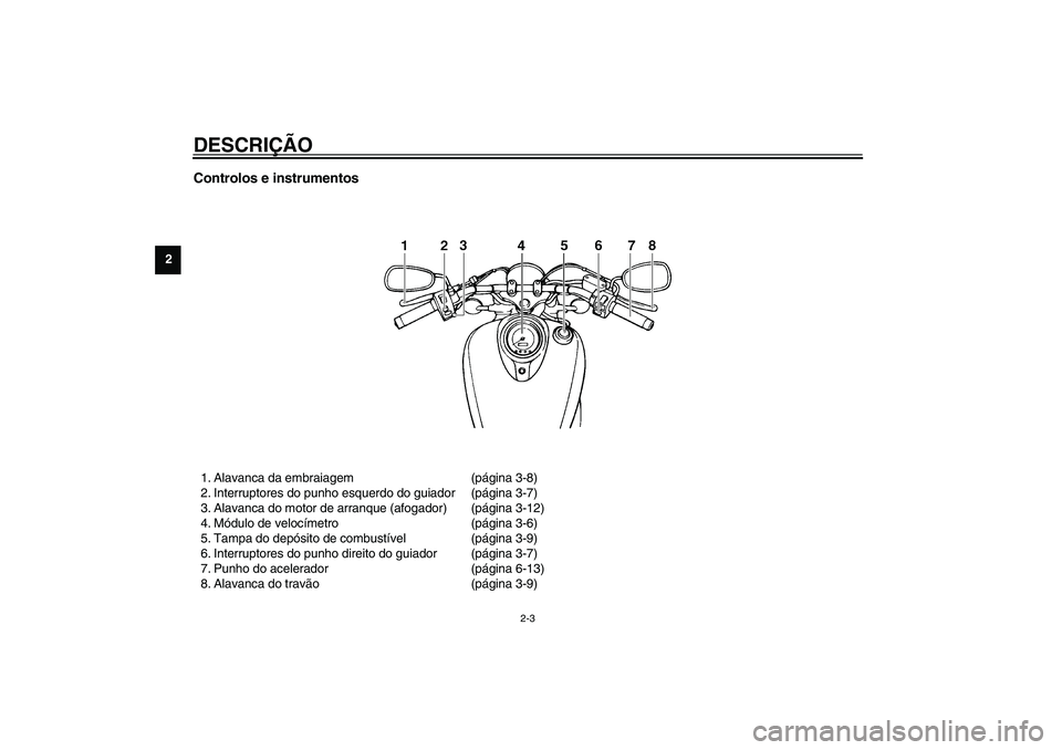 YAMAHA XVS1100A 2003  Manual de utilização (in Portuguese) DESCRIÇÃO
2-3
2
Controlos e instrumentos1. Alavanca da embraiagem (página 3-8)
2. Interruptores do punho esquerdo do guiador (página 3-7)
3. Alavanca do motor de arranque (afogador) (página 3-12)