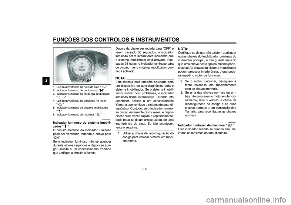 YAMAHA XVS1100A 2003  Manual de utilização (in Portuguese) FUNÇÕES DOS CONTROLOS E INSTRUMENTOS
3-5
3
PAU04991*
Indicador luminoso do sistema imobili-
zador “”
O circuito eléctrico do indicador luminoso
pode ser verificado rodando a chave para
“ON”