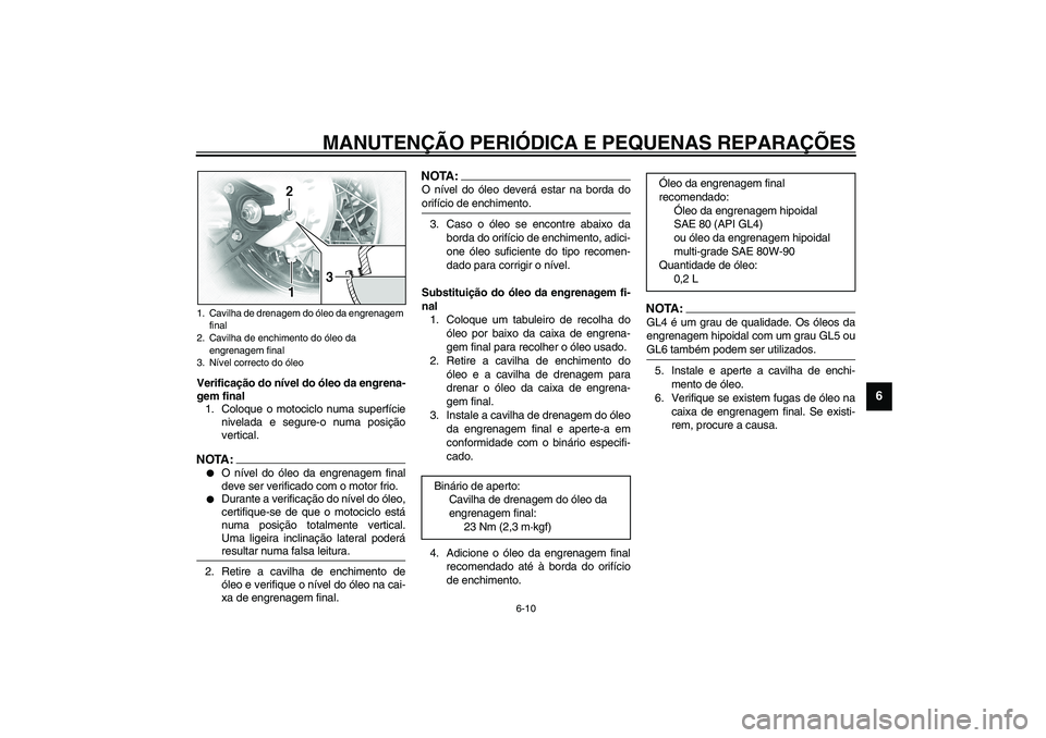 YAMAHA XVS1100A 2003  Manual de utilização (in Portuguese) MANUTENÇÃO PERIÓDICA E PEQUENAS REPARAÇÕES
6-10
6
Verificação do nível do óleo da engrena-
gem final
1. Coloque o motociclo numa superfície
nivelada e segure-o numa posição
vertical.NOTA:_