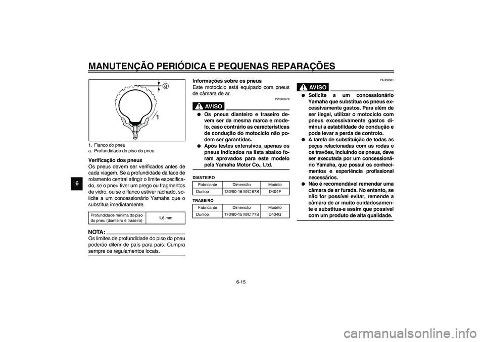YAMAHA XVS1100A 2003  Manual de utilização (in Portuguese) MANUTENÇÃO PERIÓDICA E PEQUENAS REPARAÇÕES
6-15
6
Verificação dos pneus
Os pneus devem ser verificados antes de
cada viagem. Se a profundidade da face de
rolamento central atingir o limite espe