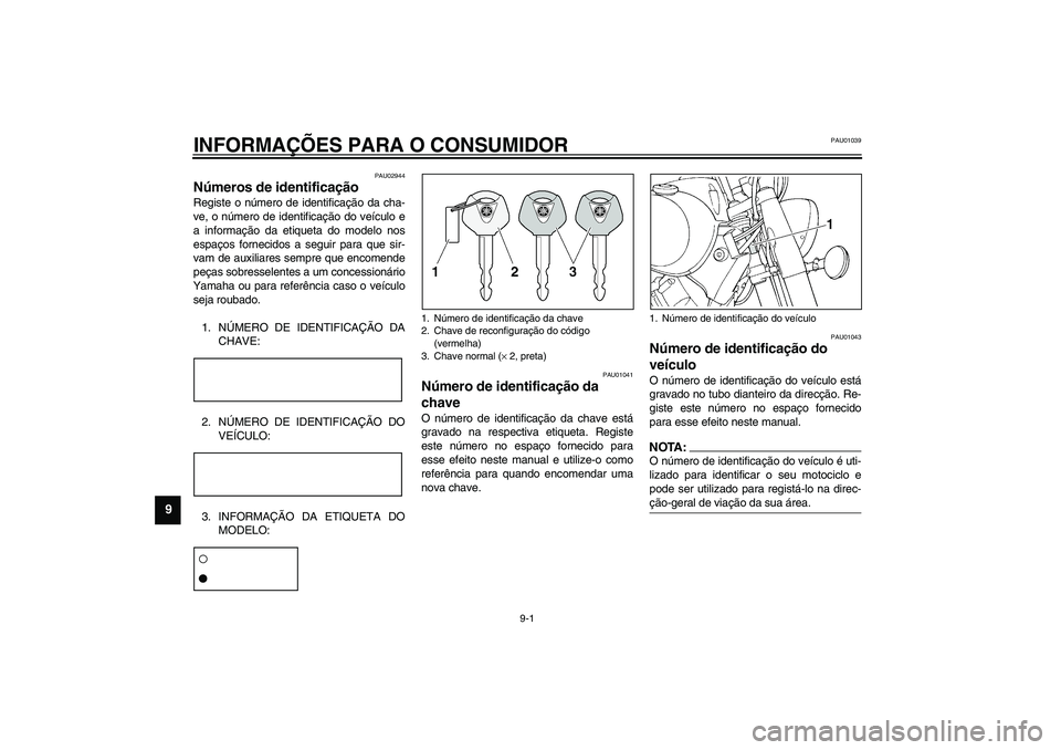 YAMAHA XVS1100A 2003  Manual de utilização (in Portuguese) 9-1
9
PAU01039
9-INFORMAÇÕES PARA O CONSUMIDOR
PAU02944
Números de identificação Registe o número de identificação da cha-
ve, o número de identificação do veículo e
a informação da etiq