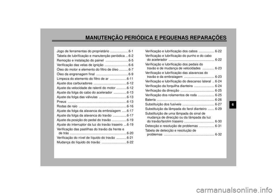YAMAHA XVS1100A 2000  Manual de utilização (in Portuguese) MANUTENÇÃO PERIÓDICA E PEQUENAS REPARAÇÕES
6
Jogo de ferramentas do proprietário .................... 6-1
Tabela de lubrificação e manutenção periódica ... 6-2
Remoção e instalação do p