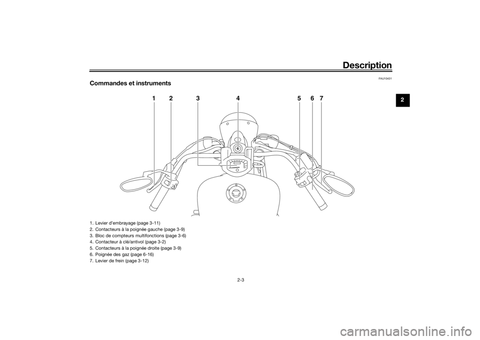 YAMAHA XVS1300A 2016  Notices Demploi (in French) Description
2-3
2
FAU10431
Commandes et instruments
12 3 4 567
1. Levier d’embrayage (page 3-11)
2. Contacteurs à la poignée gauche (page 3-9)
3. Bloc de compteurs multifonctions (page 3-6)
4. Con