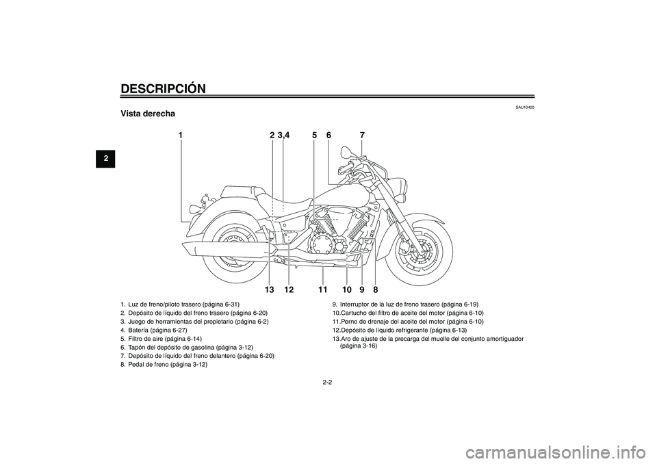 YAMAHA XVS1300A 2011  Manuale de Empleo (in Spanish) DESCRIPCIÓN
2-2
2
SAU10420
Vista derecha
12
12 13 10 9 83,4 5 6 7
11
1. Luz de freno/piloto trasero (página 6-31)
2. Depósito de líquido del freno trasero (página 6-20)
3. Juego de herramientas d