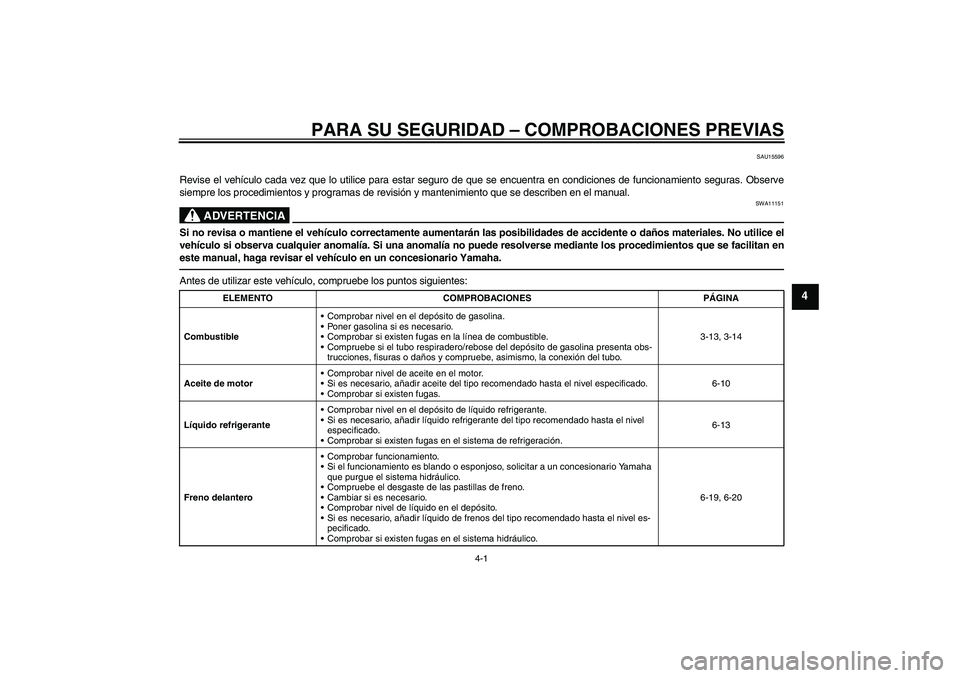 YAMAHA XVS1300A 2011  Manuale de Empleo (in Spanish) PARA SU SEGURIDAD – COMPROBACIONES PREVIAS
4-1
4
SAU15596
Revise el vehículo cada vez que lo utilice para estar seguro de que se encuentra en condiciones de funcionamiento seguras. Observe
siempre 