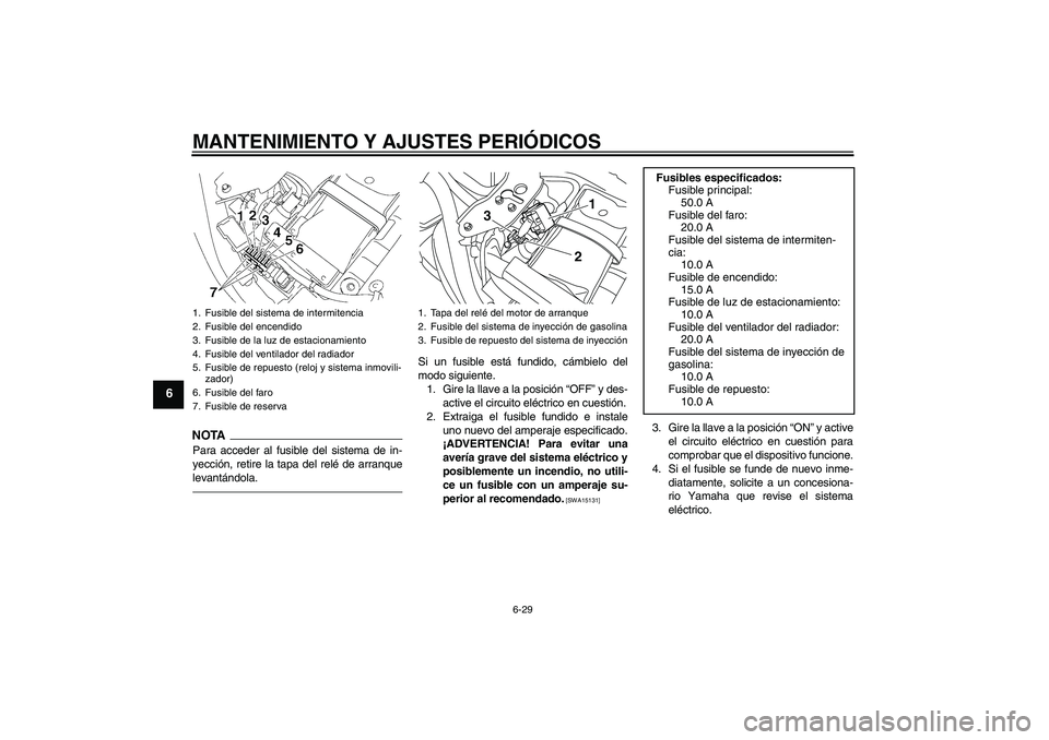 YAMAHA XVS1300A 2011  Manuale de Empleo (in Spanish) MANTENIMIENTO Y AJUSTES PERIÓDICOS
6-29
6
NOTA
Para acceder al fusible del sistema de in-
yección, retire la tapa del relé de arranque
levantándola.
Si un fusible está fundido, cámbielo del
modo
