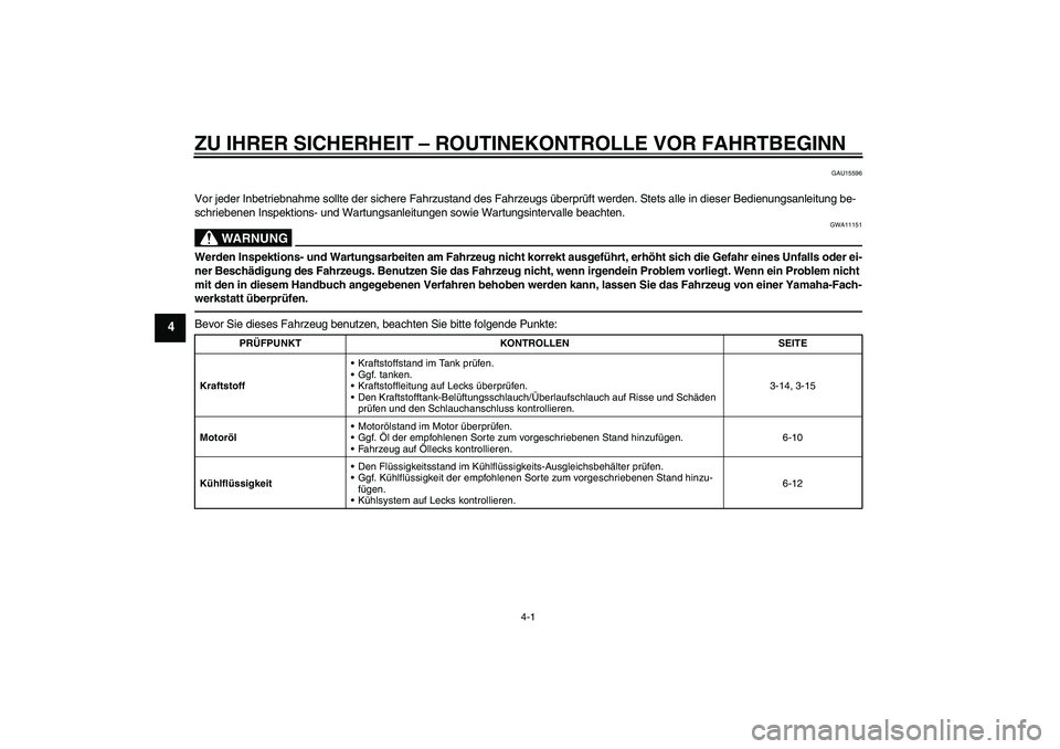 YAMAHA XVS1300A 2010 Betriebsanleitungen (in German) ZU IHRER SICHERHEIT – ROUTINEKONTROLLE VOR FAHRTBEGINN
4-1
4
GAU15596
Vor jeder Inbetriebnahme sollte der sichere Fahrzustand des Fahrzeugs überprüft werden. Stets alle in dieser Bedienungsanleitu YAMAHA XVS1300A 2010 Betriebsanleitungen (in German) ZU IHRER SICHERHEIT – ROUTINEKONTROLLE VOR FAHRTBEGINN
4-1
4
GAU15596
Vor jeder Inbetriebnahme sollte der sichere Fahrzustand des Fahrzeugs überprüft werden. Stets alle in dieser Bedienungsanleitu