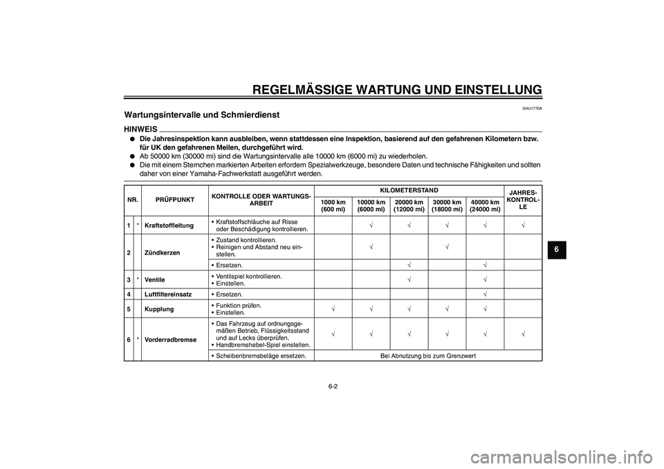 YAMAHA XVS1300A 2009 Betriebsanleitungen (in German) REGELMÄSSIGE WARTUNG UND EINSTELLUNG
6-2
6
GAU1770A
Wartungsintervalle und Schmierdienst HINWEIS
Die Jahresinspektion kann ausbleiben, wenn stattdessen eine Inspektion, basierend auf den gefahrenen YAMAHA XVS1300A 2009 Betriebsanleitungen (in German) REGELMÄSSIGE WARTUNG UND EINSTELLUNG
6-2
6
GAU1770A
Wartungsintervalle und Schmierdienst HINWEIS
Die Jahresinspektion kann ausbleiben, wenn stattdessen eine Inspektion, basierend auf den gefahrenen