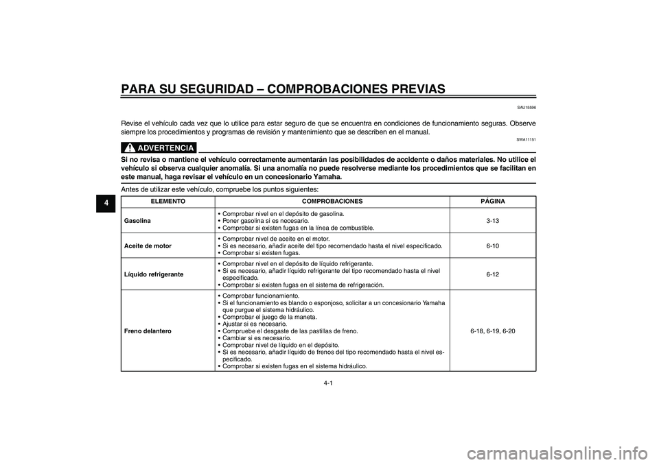 YAMAHA XVS1300A 2009 Manuale de Empleo (in Spanish) PARA SU SEGURIDAD – COMPROBACIONES PREVIAS
4-1
4
SAU15596
Revise el vehículo cada vez que lo utilice para estar seguro de que se encuentra en condiciones de funcionamiento seguras. Observe
siempre YAMAHA XVS1300A 2009 Manuale de Empleo (in Spanish) PARA SU SEGURIDAD – COMPROBACIONES PREVIAS
4-1
4
SAU15596
Revise el vehículo cada vez que lo utilice para estar seguro de que se encuentra en condiciones de funcionamiento seguras. Observe
siempre