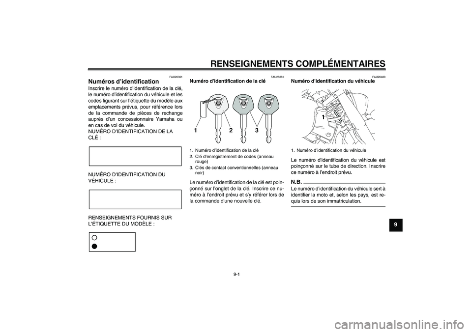YAMAHA XVS1300A 2009 Notices Demploi (in French) RENSEIGNEMENTS COMPLÉMENTAIRES
9-1
9
FAU26351
Numéros d’identification Inscrire le numéro d’identification de la clé,
le numéro d’identification du véhicule et les
codes figurant sur l’ YAMAHA XVS1300A 2009 Notices Demploi (in French) RENSEIGNEMENTS COMPLÉMENTAIRES
9-1
9
FAU26351
Numéros d’identification Inscrire le numéro d’identification de la clé,
le numéro d’identification du véhicule et les
codes figurant sur l’