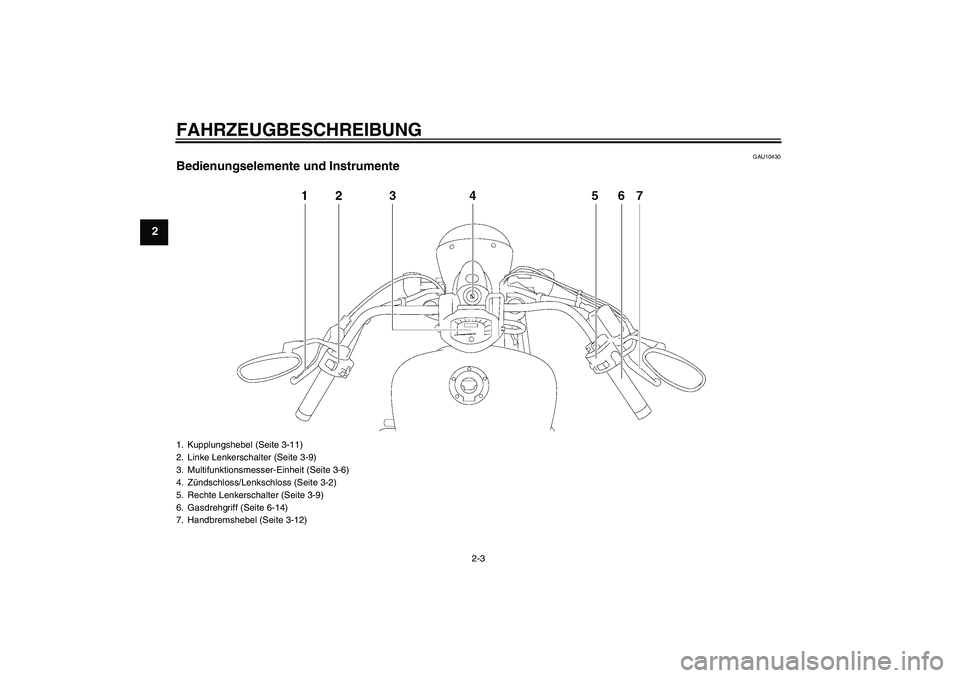 YAMAHA XVS1300A 2007  Betriebsanleitungen (in German) FAHRZEUGBESCHREIBUNG
2-3
2
GAU10430
Bedienungselemente und Instrumente1. Kupplungshebel (Seite 3-11)
2. Linke Lenkerschalter (Seite 3-9)
3. Multifunktionsmesser-Einheit (Seite 3-6)
4. Zündschloss/Len
