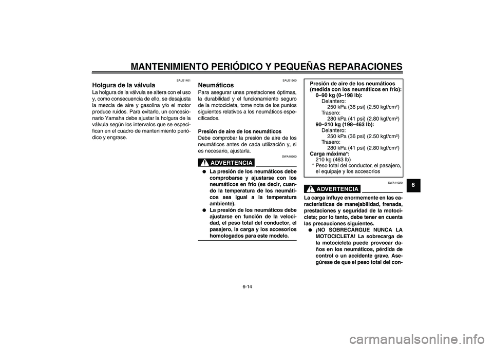 YAMAHA XVS1300A 2007 Manuale de Empleo (in Spanish) MANTENIMIENTO PERIÓDICO Y PEQUEÑAS REPARACIONES
6-14
6
SAU21401
Holgura de la válvula La holgura de la válvula se altera con el uso
y, como consecuencia de ello, se desajusta
la mezcla de aire y g YAMAHA XVS1300A 2007 Manuale de Empleo (in Spanish) MANTENIMIENTO PERIÓDICO Y PEQUEÑAS REPARACIONES
6-14
6
SAU21401
Holgura de la válvula La holgura de la válvula se altera con el uso
y, como consecuencia de ello, se desajusta
la mezcla de aire y g