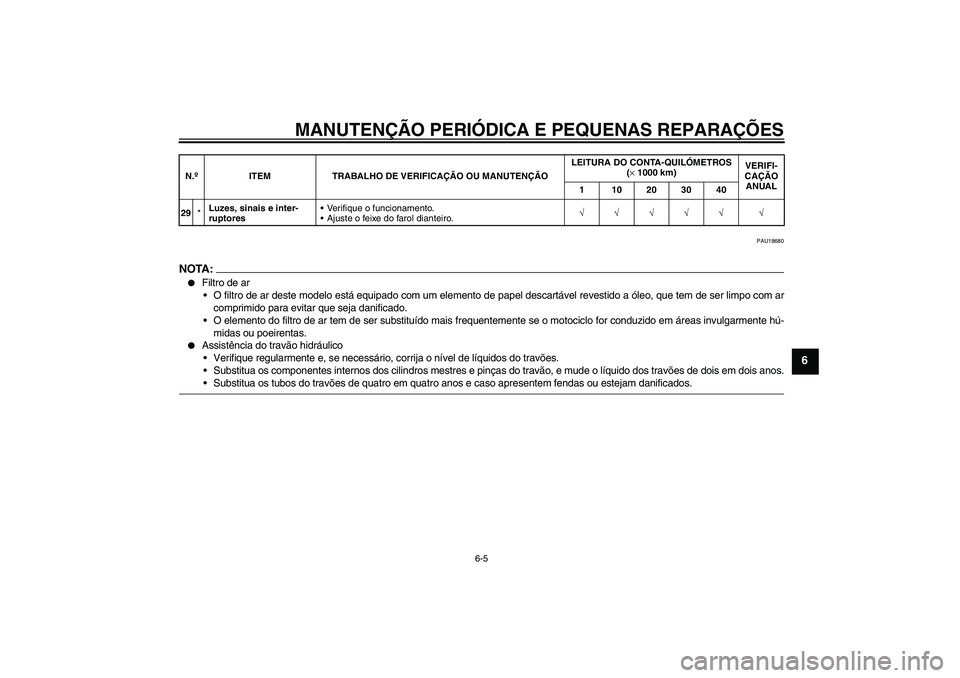 YAMAHA XVS1300A 2007 Manual de utilização (in Portuguese) MANUTENÇÃO PERIÓDICA E PEQUENAS REPARAÇÕES
6-5
6
PAU18680
NOTA :
Filtro de ar
O filtro de ar deste modelo está equipado com um elemento de papel descartável revestido a óleo, que tem de ser YAMAHA XVS1300A 2007 Manual de utilização (in Portuguese) MANUTENÇÃO PERIÓDICA E PEQUENAS REPARAÇÕES
6-5
6
PAU18680
NOTA :
Filtro de ar
O filtro de ar deste modelo está equipado com um elemento de papel descartável revestido a óleo, que tem de ser