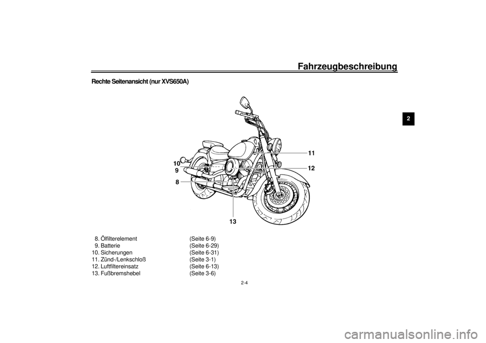 YAMAHA XVS650 2001  Betriebsanleitungen (in German) Fahrzeugbeschreibung
2-4
2
Rechte Seitenansicht (nur XVS650A)8. Ölfilterelement (Seite 6-9)
9. Batterie (Seite 6-29)
10. Sicherungen (Seite 6-31)
11. Zünd-/Lenkschloß (Seite 3-1)
12. Luftfiltereins