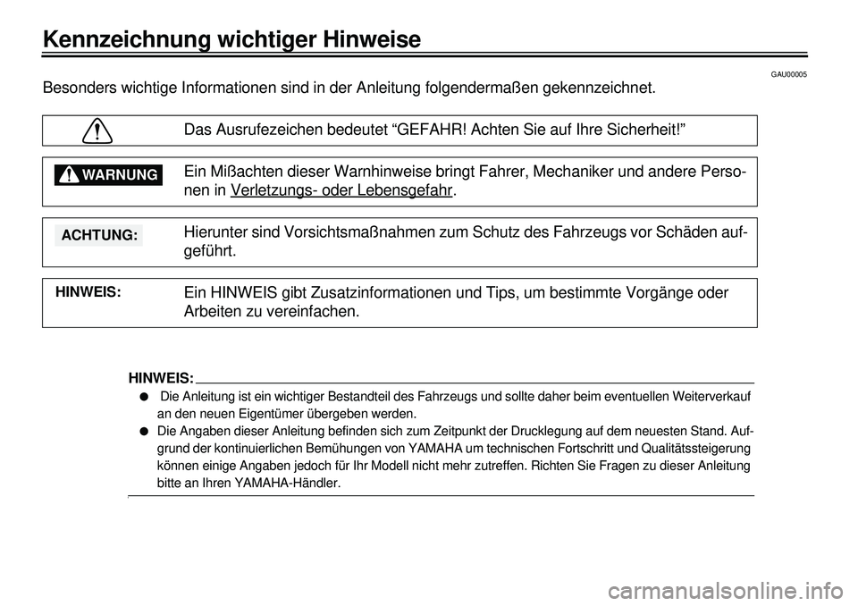 YAMAHA XVS650 2000 Betriebsanleitungen (in German)
443444449
4
4
GAU00005
Besonders wichtige Informationen sind in der Anleitung folgendermaßen gekennzeichnet.
Das Ausrufezeichen bedeutet “GEFAHR! Achten Sie auf Ihre Sicherheit!”
Ein Mißach YAMAHA XVS650 2000 Betriebsanleitungen (in German)
443444449
4
4
GAU00005
Besonders wichtige Informationen sind in der Anleitung folgendermaßen gekennzeichnet.
Das Ausrufezeichen bedeutet “GEFAHR! Achten Sie auf Ihre Sicherheit!”
Ein Mißach