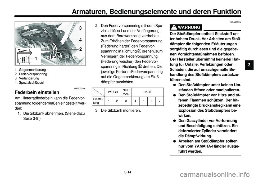 YAMAHA XVS650 2000 Betriebsanleitungen (in German)
3-14
Armaturen, Bedienungselemente und deren Funktion
1
23
4
5
6
7
8
9
1. Gegenmarkierung
2. Federvorspannring
3. Verlängerung
4. Spezialschlüssel
GAU00299*
Federbein einstellenAm Hinterradfederbe YAMAHA XVS650 2000 Betriebsanleitungen (in German)
3-14
Armaturen, Bedienungselemente und deren Funktion
1
23
4
5
6
7
8
9
1. Gegenmarkierung
2. Federvorspannring
3. Verlängerung
4. Spezialschlüssel
GAU00299*
Federbein einstellenAm Hinterradfederbe