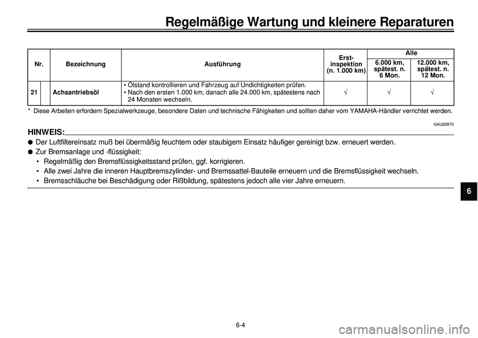 YAMAHA XVS650 2000  Betriebsanleitungen (in German)  
6-4 
Regelmäßige Wartung und kleinere Reparaturen 
1
2
3
4
5
6
7
8
9
 
* Diese Arbeiten erfordern Spezialwerkzeuge, besondere Daten und technische Fähigkeiten und sollten daher vom YAMAHA-Händle