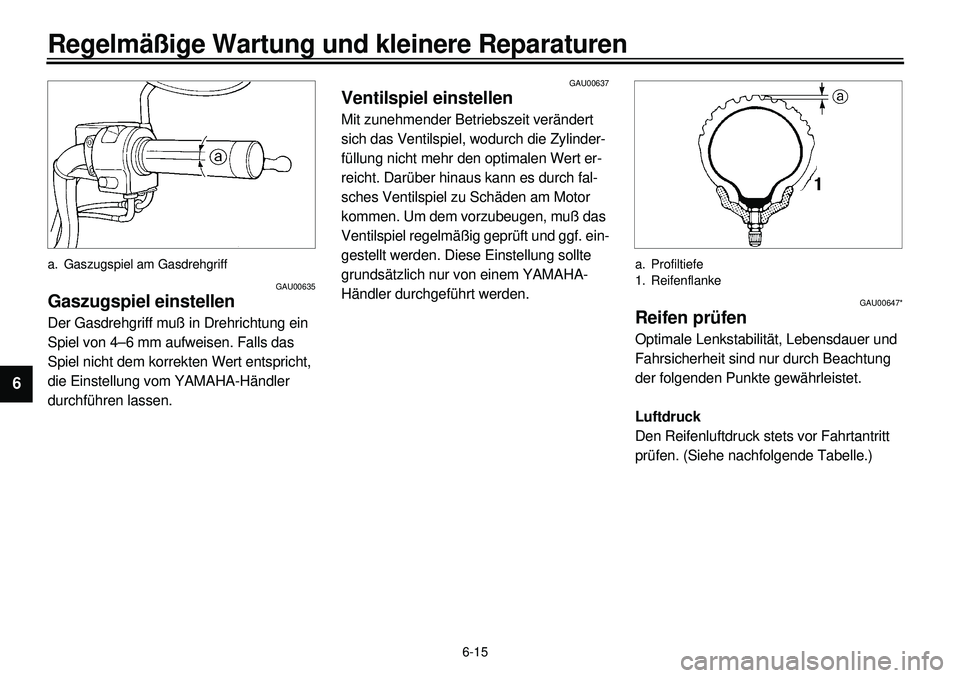 YAMAHA XVS650 2000 Betriebsanleitungen (in German) 6-15
Regelmäßige Wartung und kleinere Reparaturen
1
2
3
4
56
7
8
9
a. Gaszugspiel am Gasdrehgriff
GAU00635
Gaszugspiel einstellenDer Gasdrehgriff muß in Drehrichtung ein
Spiel von 4–6 mm aufweis YAMAHA XVS650 2000 Betriebsanleitungen (in German) 6-15
Regelmäßige Wartung und kleinere Reparaturen
1
2
3
4
56
7
8
9
a. Gaszugspiel am Gasdrehgriff
GAU00635
Gaszugspiel einstellenDer Gasdrehgriff muß in Drehrichtung ein
Spiel von 4–6 mm aufweis